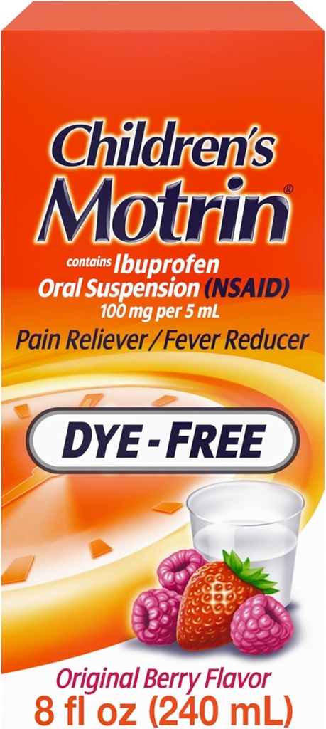 Child's Motrin Oral Suspension 100mg Ibuprofen Medicine, NSAID Fever Reducer " Pain Reliever for Minor Aches & Pains Due to Cold " Flu, Dye Free, Alcohol-Free, Berry Flavored, 8 fl. oz