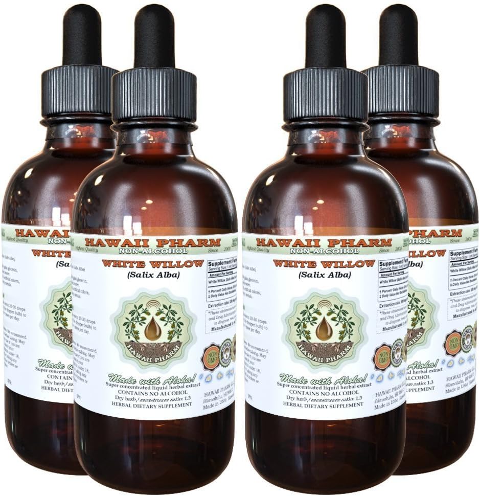 Hawaii Pharm White Willow Alcoholvrije Liquid Extract, Biologische White Willow (Salix Alba) Gedroogde Bark Glycerite Natural Herbal Supplement, USA 4x4 fl.oz