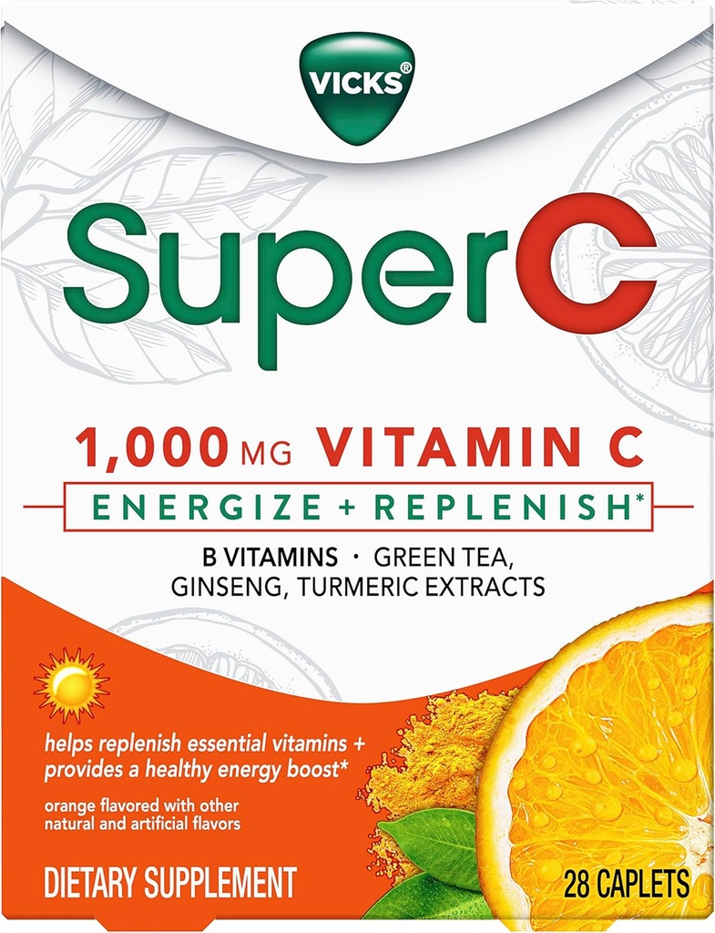 Vicks C Supergize + Reperenish Day date Date Dateary Supplement with วิตามิน C, วิตามิน C, ชาเขียว, Ginsengen, และ Termeric Cults เพื่อเติมวิตามินที่จําเป็น *, 28 Caplets