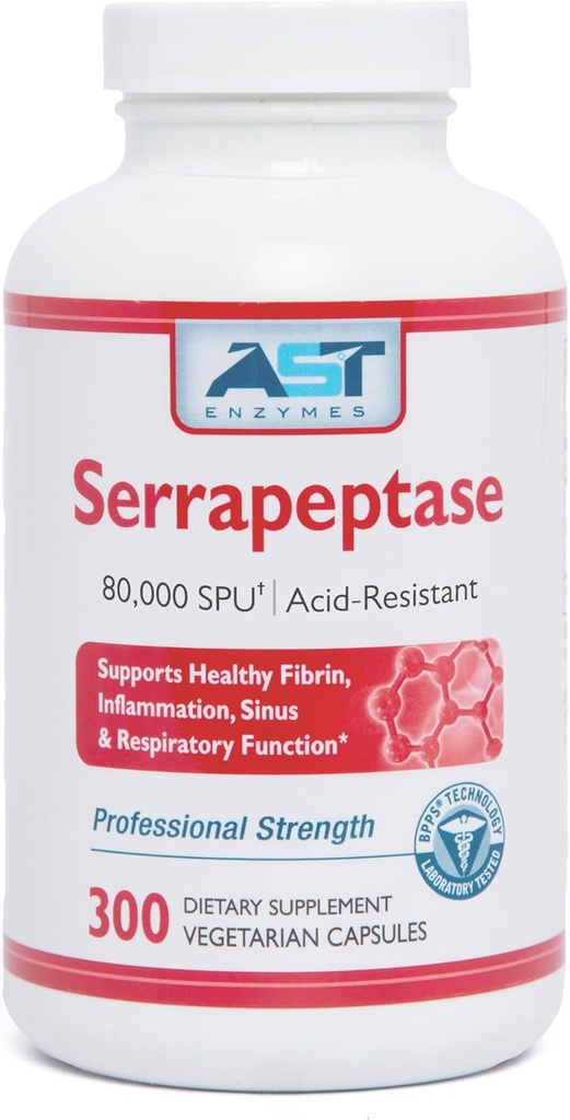 AST Enzymes Serrapeptase 80.000 SPU - 300 begetariar kapsulak - Premium Enzymes Natural Sistematikoak - Acid-Resistant Serrapeptase
