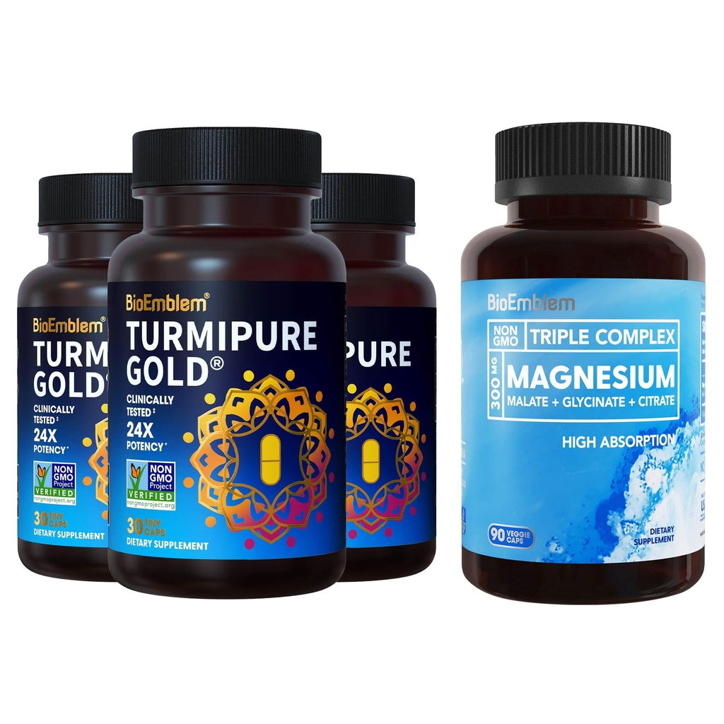 BioEmblem Triple Magnesium Complex and BioEmblem Turmeric Curcumin with Clinically Studied TurmiPure - Joint Support, Healthy Inflammation Turmeric Supplements