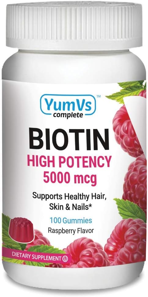 YUM-V 's Biotin Gummies - High Potency Biotin Vitamins 5000 mcg - Natural Raspberry Flavor Hair Vitamins - Košer Vlasová kůže a nehty Gummies (100 Počet)