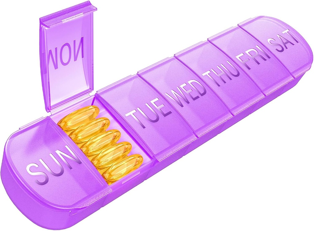 haqqında Pill Organizer 1 Gün, Travel Pill Box 7 Gün Əvvəl Əvvəlliklər Vitamin Sahibi, Fish Oil Case (Purple) üçün Daily Pill Konteyner 7day XL Tibbi Sükanı
