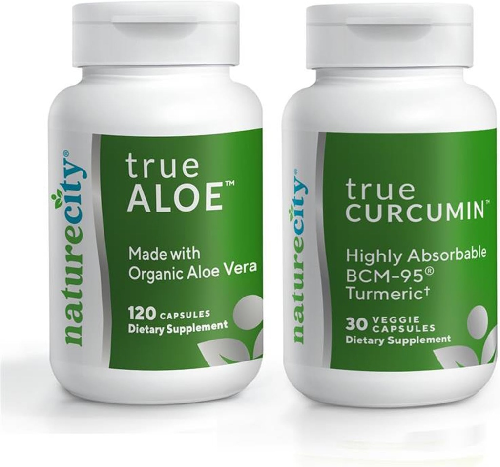 חברת NatureCity Support Bundle: True-Aloe Made with Organic AloeVera, 120 קפסולות + True-Curcumin עם 500 מ"ג של BCM-95 Curcumin + Turmeric Essential Oil, 30 קפסולות