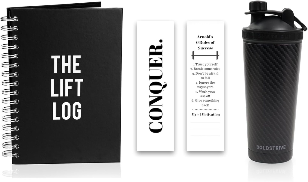 Stainless Steel Protein Shaker Bottle, Insulated Water Bottle with Black Carbon Fiber Wrap & Workout Journal with Bookmark – 6 Month Undated Daily Fitness Journal