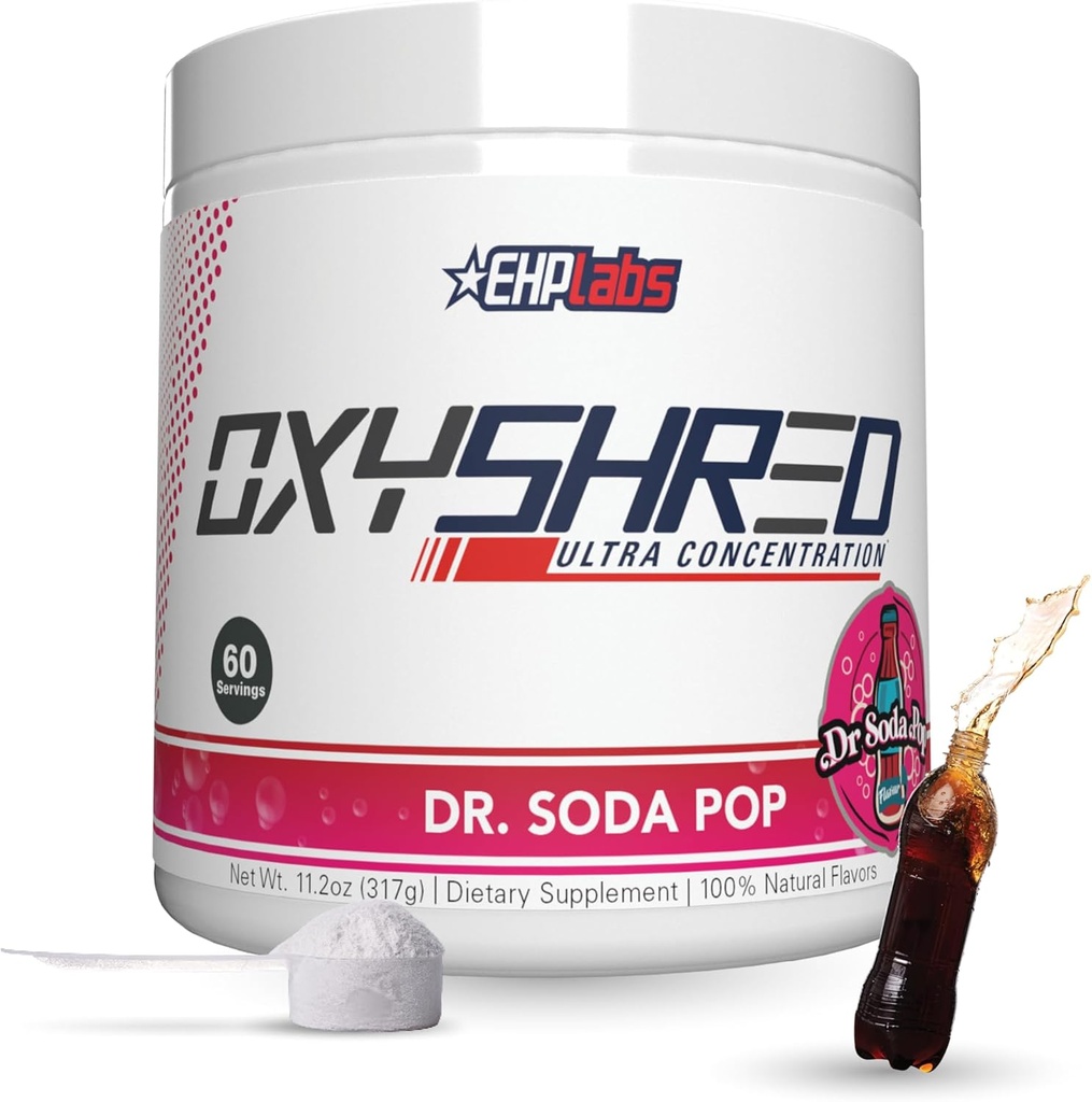 EHP Labs OxyShred Fat Burner - Pre-Workout pulbere cu L-Glutamine, Acetil L-Carnitina, Booster metabolice, Pierderea in greutate, Controlul apetitului, Energy Dr. Soda Pop, 60 Serviri
