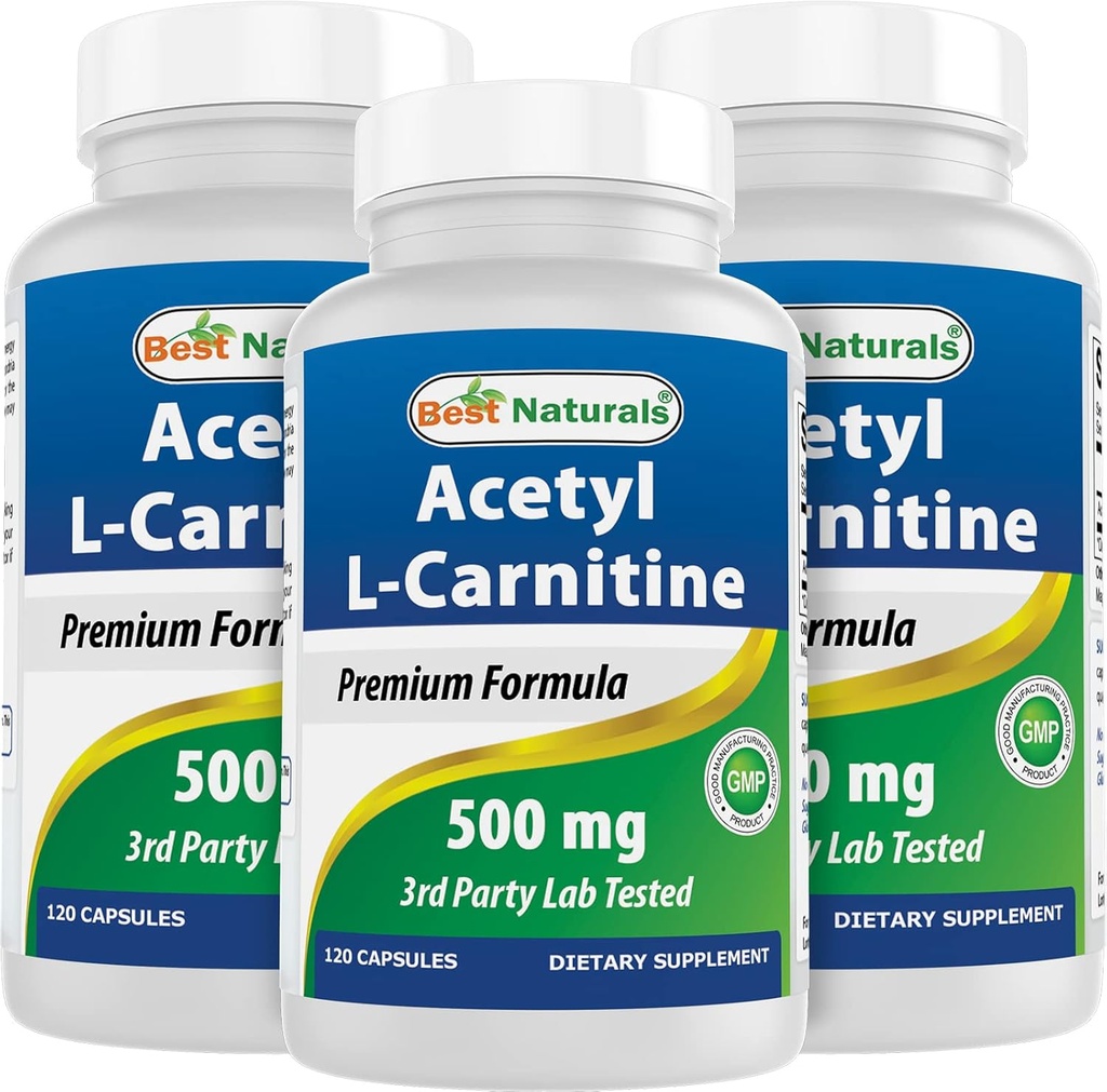 Best Naturals Acetyl L-Carnitine (ALCAR) 500mg, 120 kapsula, 120 zerbitzari - Ez-GMO eta Gluten Free, 1 kapsula zerbitzariko (3 Pack)
