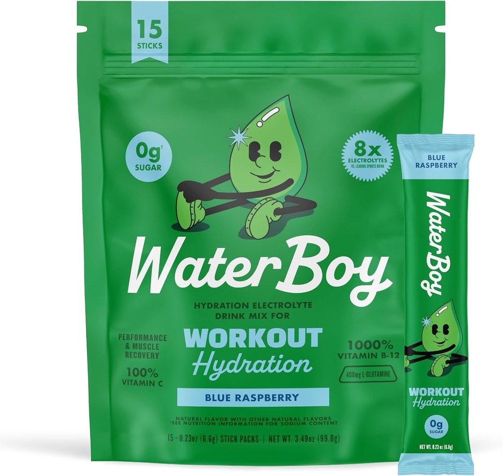 Waterboy Workout Hydration ® 2.960 mg Sukkerfri Elektrolytt pulver pakker | L-Glutamin + Vitaminer | Ingen sukker, Alt naturlig, Glutenfri | 15 Drikke Stick Blander (Blue Raspberry)