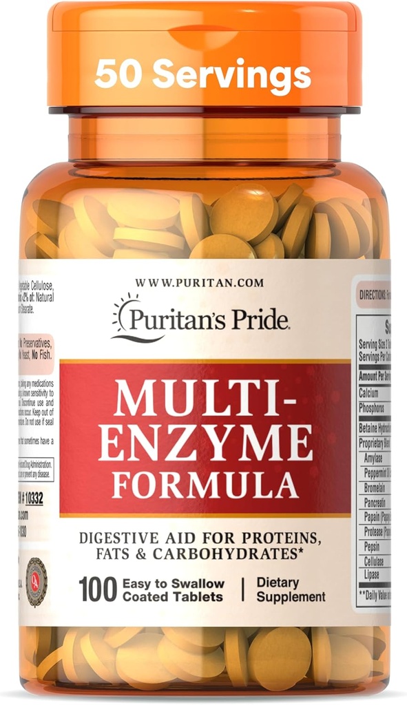 Puritan 's Pride Multi- Enzym Formuła, Digestive Aid for Proteins, Tłuszcze i Węglowodany, Suplement diety do trawienia i zdrowej Gut Support, 50 Day Supply, 100 Łatwe do połykania Pokryte tabletki