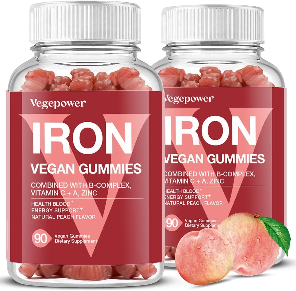 Vegan Iron Gummies Supplement - Multivitamin Supplement with Vitamin C, A, B & Zinc - Health Blood & Energy Support for Iron Deficiency, Anemia, No After Taste - Peach Flavor（2 Packs）
