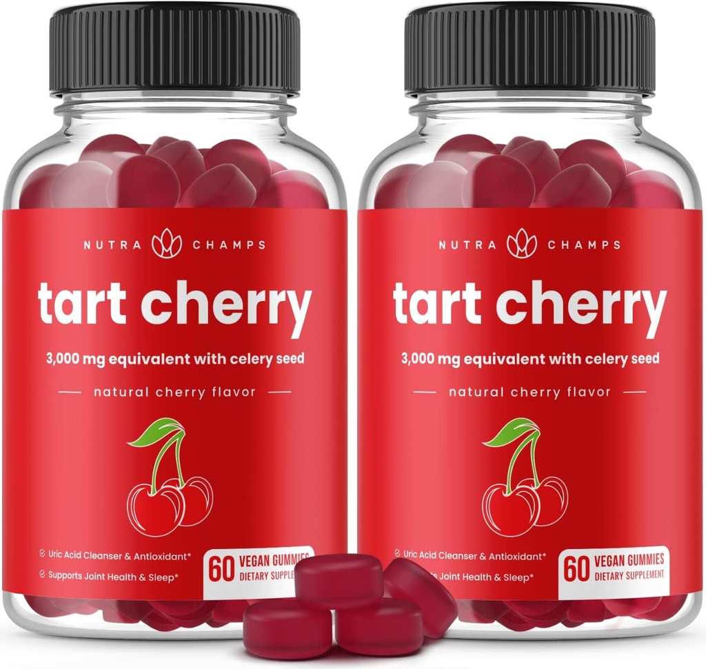 NutraChamps Tart Cherry Gummies - 3000mg Tart Cherry Extract mit Celery Seed - Uric Acid Cleanse Supplement - Antioxidant, Joint Comfort, Flexibilität, Immune Health, Sleep - 60 Vegan Gummi (2-Pack)