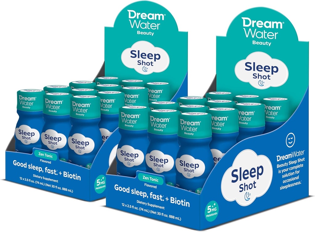 Dream Water Beauty Sleep Aid Drink Supplement; Melatoniin 5mg, GABA, 5-HTP, Plus Biotin terve naha, juuste ja küünte jaoks; 2,5 oz Vedelad unekaadrid, Zen Tonic 24-Count