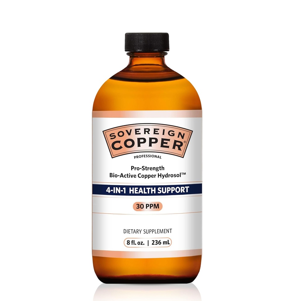 Sovereign Copper Pro-Strength Bio-Active Copper Hydrosol - Bioavailable Liquid Supplement for Adults & Kids w/Silver Hydrosol for Hair, Skin, & Nails, 30ppm - 8 fl oz (237mL)