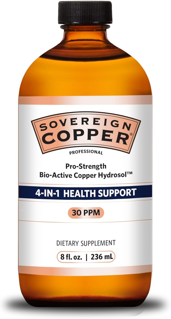 Sovereign Pro-Strength Bio-Active Kupfer Hydrosol - Bioverfügbare Kupfer Liquid Supplement für Erwachsene & Kinder w/Silver Hydrosol für Haar, Haut, & Nägel, 30ppm - 8 fl oz (237mL)
