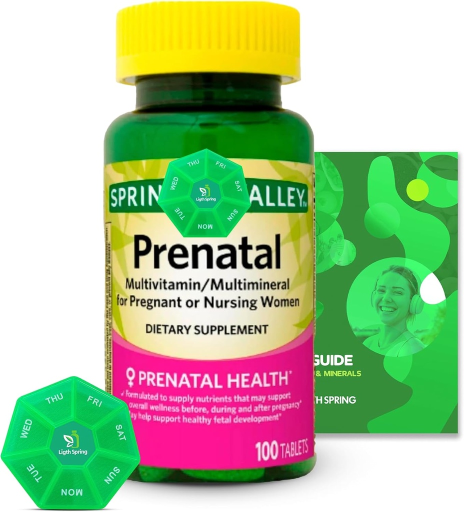Prenatal Multivitamin / Multimineral 100 טבליות עם Bundle ויטמינים & מינרלים בלעדיים - A to Z - Better Ligth & Spring Guide + מארגנת גלולות שבועיות (3 פריטים)