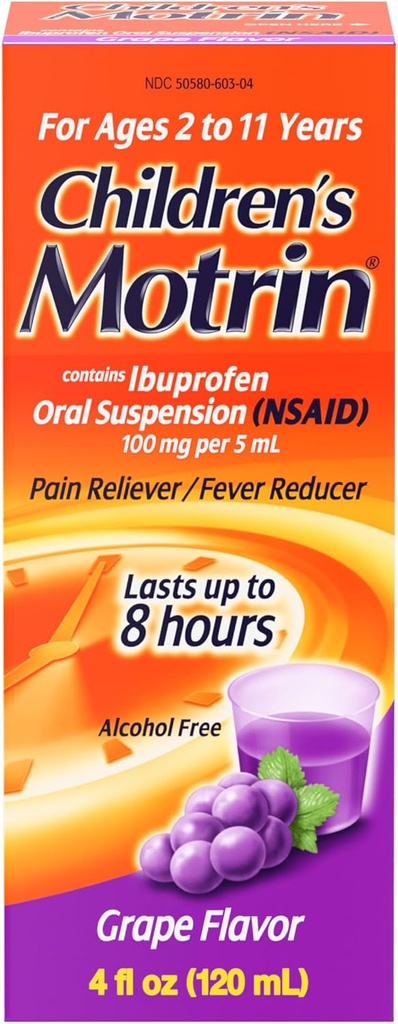 Suspensão oral de Motrin para crianças, alívio da dor, ibuprofeno, sabor de uva, 4 Oz