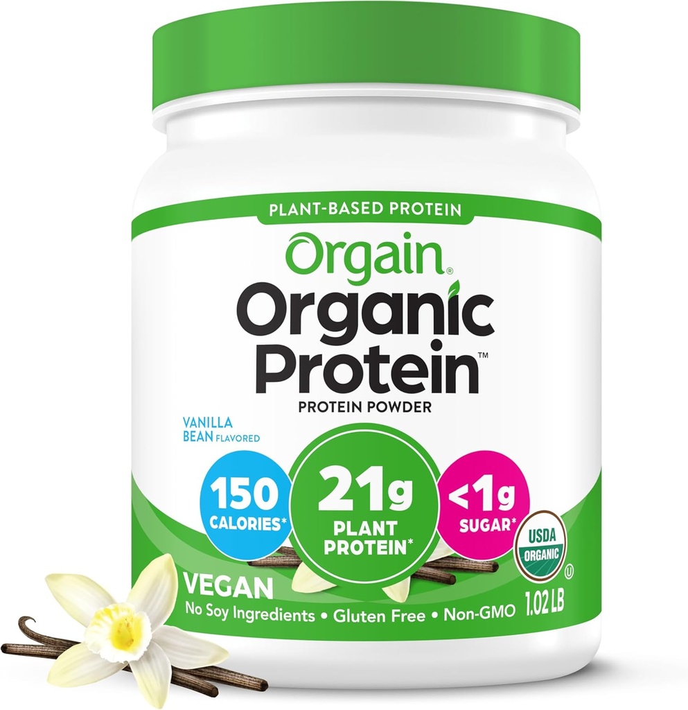 Orgain Organic Vegan Білок Порошок, Vanilla Bean - 21г Рослинний білок, 4г Prebiotic Fiber, No Lactose Інгредієнти, No Доданий Цукор, Non-GMO, Для коктейлів та смузі, 1,02 фунт (пакет May Vary)