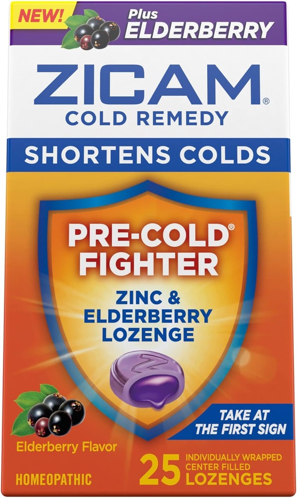 Zicam Cold Remedy Zinc Lozenges, Elderberry Flavor, Homeopathic, Soothes Sore Throat and Coughs, Cold Shortening Medicine, Shortens Cold Duration, 25 count