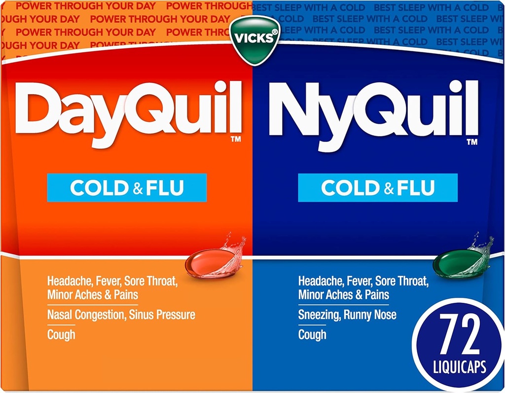 Vicks DayQuil & NyQuil Co-Pack, Студена и грипна медицина, Мощен Мулти-Симптом Дневен и Нощен Облекчение за главоболие, Треска, Рано гърло, Малки болки & Кашлица, 72ct