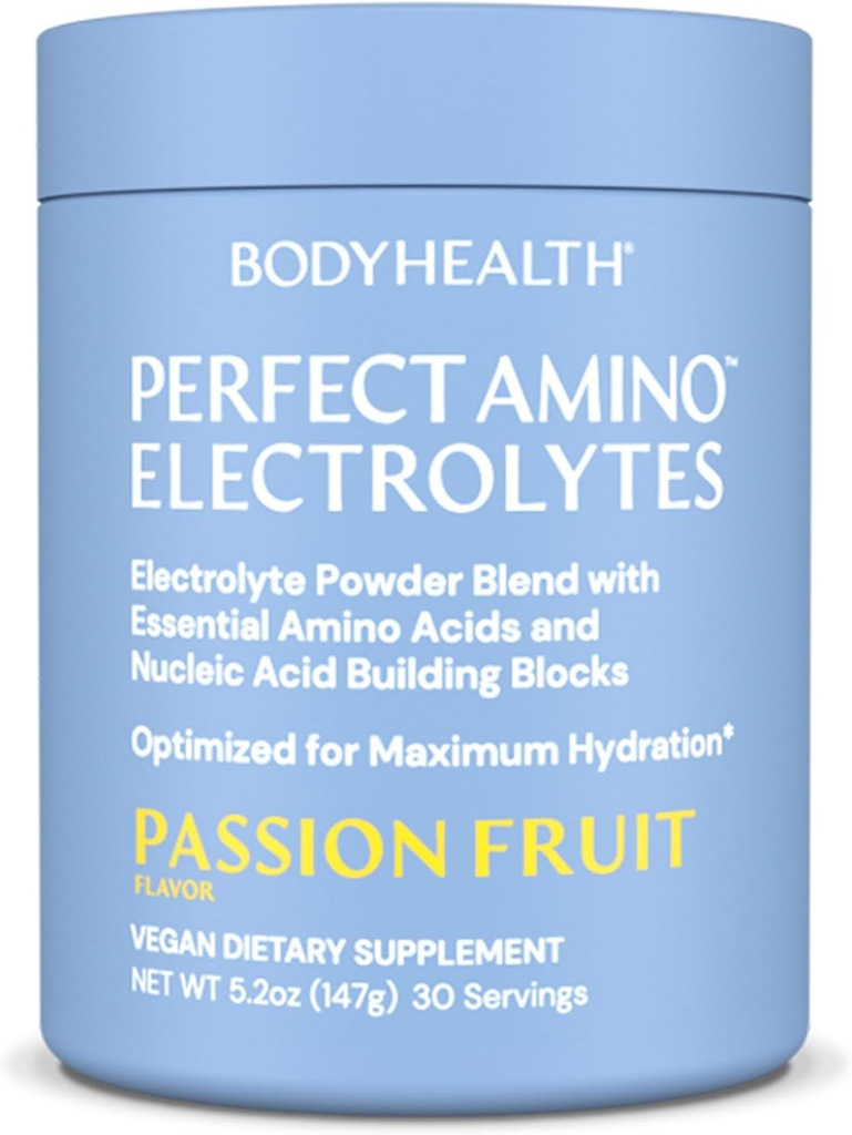 BodyHealth PerfectAmino Electrolytes Powder No Sugar, Hydration Fasting Keto Zero Sugar Electrolytes Drink Mix with Trace Minerals - Passion Fruit - 30 servizos