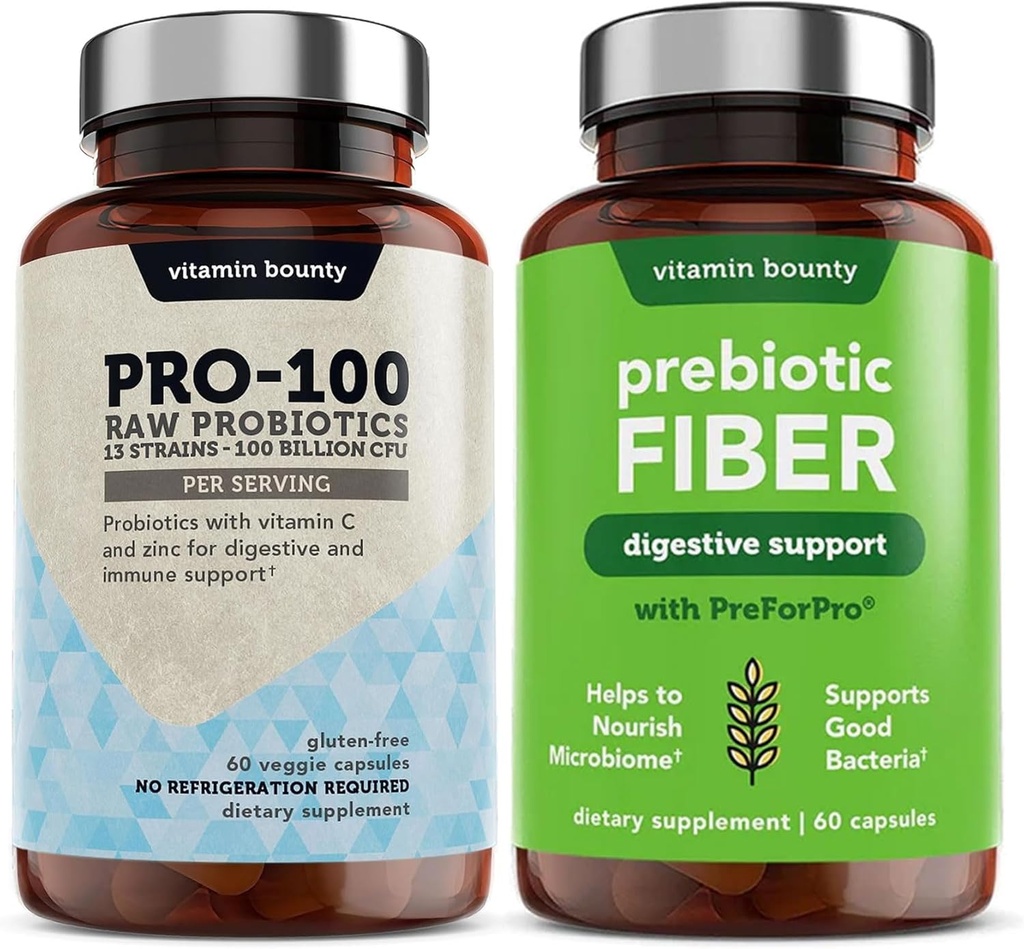 Vitamin Bounty Pro-100 Probiotics & Prebiotic Fiber Bundle: Ultimate Gut Health Support med 13 Strains, 100 miljarder CFUs, Zink & Vitamin C, Försenade Release Capsules - 90 kapslar