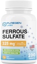Puregen Labs Sulfato Ferroso 325 mg (65 mg de ferro elementar) Suplemento de ferro de alta potência - 200 comprimidos fabricados nos EUA
