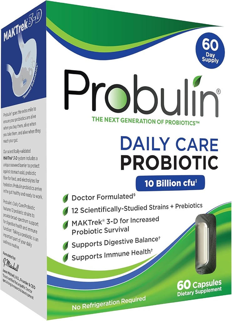 Probulin Daily Care Probiotic supplement, Digestive, Gut, and Immune Health Support Capsules for Men and Women, 10 billionion CFU, Vegan, 60 count Box