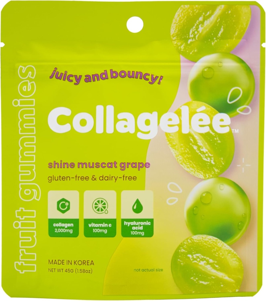 Collagelee Collagen Gummies - Marine Collagen Candy C-vitamiini, hyaluronihappo, & Biotiini Kosteuttava, Nuori, Plump iho - Korean Collagen Välipalat (Shine Muscat Grape)