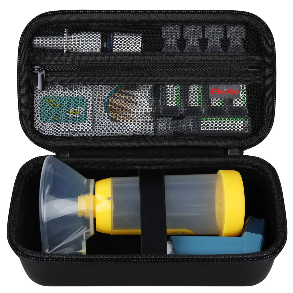 Elonbo Carrying Case ​for Asthma Inhaler, Inhaler Spacer for Kids and Adults, Masks, Inhaler Holder Asthma Travel Organize Bag, Pocket Fits Allergy Meds, Ventolin Inhaler, Black (Case Only)