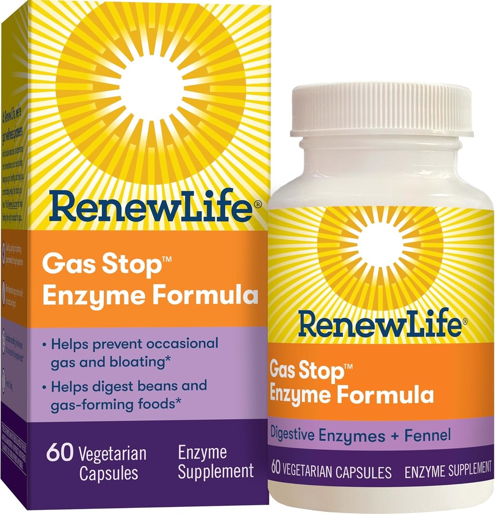Renew Life Voksen Plant- Based Enzyme Supplement - Gas Stop Enzyme Formel, Dariy Free - 60 Vegetariske kapsler