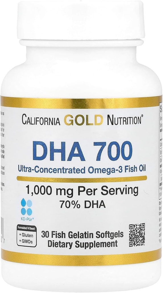 California Gold Nutrition DHA 700 Fish Oil Pharmaceutical Grade Fish Oil with DHA - atbalsts smadzeņu un sirds un asinsvadu veselībai - bez lipekļa, ne-GMO - 1000 mg - 30 Fish Želatīns Softgels