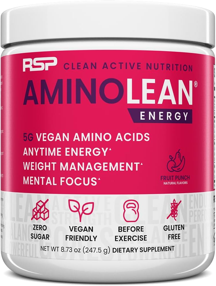 RSP NUTRITION AminoLean pre trening pulver, Amino energi og vektkontroll med vegansk BCAA Aminosyrer, naturlig koffein, preworkout Boost for menn og kvinner, 30 Serv