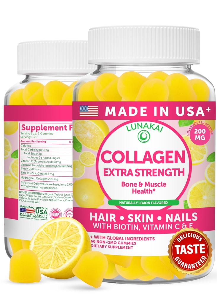 Lunakai USA Made Collagen Peptides Gummies - 200mg Non-GMO Anti-Aging Formula with Biotin, Zinc, Vitamins C & E for Hair, Skin and Nails, 60ct