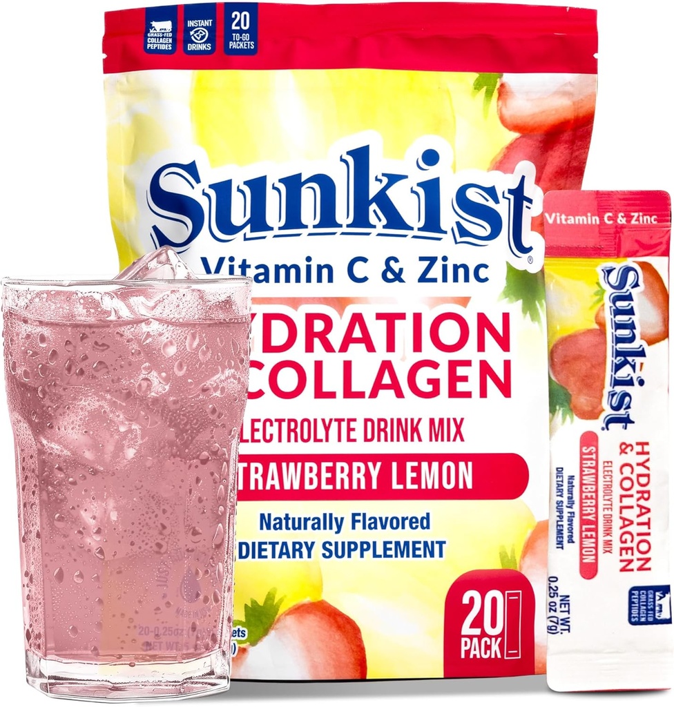 Il chicco congelato Sunkist Collagen Drink Mix - Hydration Strawberry Lemon Electrolyte Drink per le donne con vitamina C, Zinco, Peptidi di collagene, naturalmente aromatizzato - 20 Pack