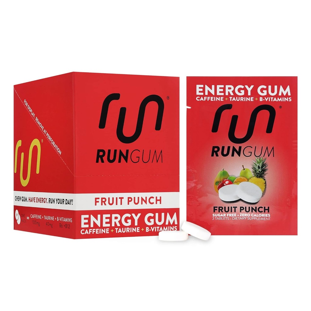 RUN GUM Fruit Punch Energy Chewing Gum 50mg Caffeine Taurine & B-Vitamins Per Piece, 24 Pieces (Pack of 12) Sugar Free, Zero Calorie, No Aspartame и Gluten Free, 1ea