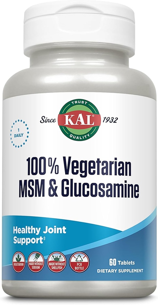 KAL 100% Vegetarian MSM & Glucosamine - Soporte conxunto saudable - Vegan glucosamina e suplementos de MSM - Made Without Shellfish - Lab Verificado - 60-Day Guarantee - 60 porcións, 60 comprimidos
