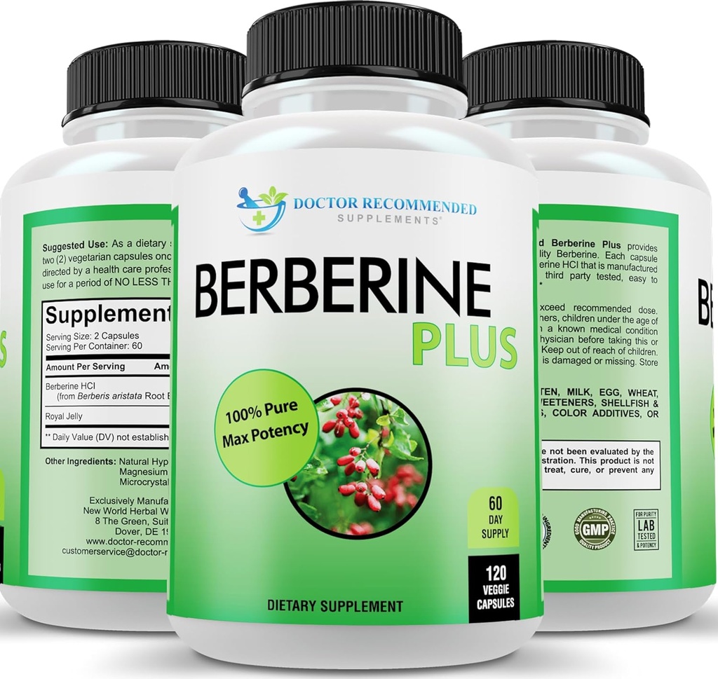 DOCTOR RECOMENDADO COMPLEMENTOS Berberine Plus 1200mg Por Serviço - 120 Cápsulas Veggie com Geléia Real