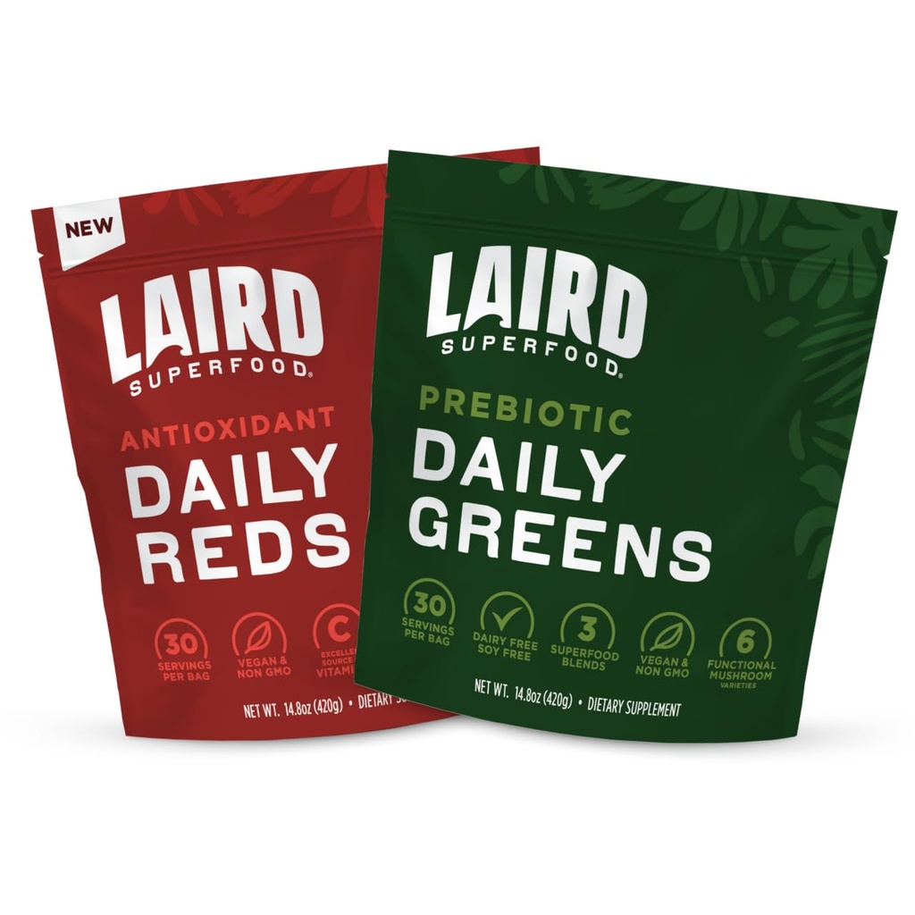 Laird Superfood Reds & Greens Bundle, Prebiotic Daily Greens and Antioxident Daily Reds Powder, 14.8oz