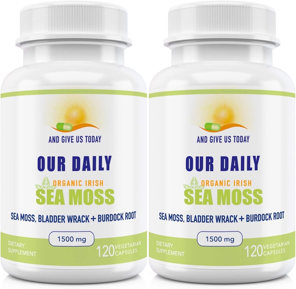 Nasze codzienne Vites Sea Moss Kapsułki 1500mg (2 Pack) - Wildcrafted Irish Sea Moss Bladderwrack i Burdock Super Food Mieszanka - System immunologiczny, Gut Health & Wsparcie dla tarczycy - 240 Kapsułki wegetariańskie