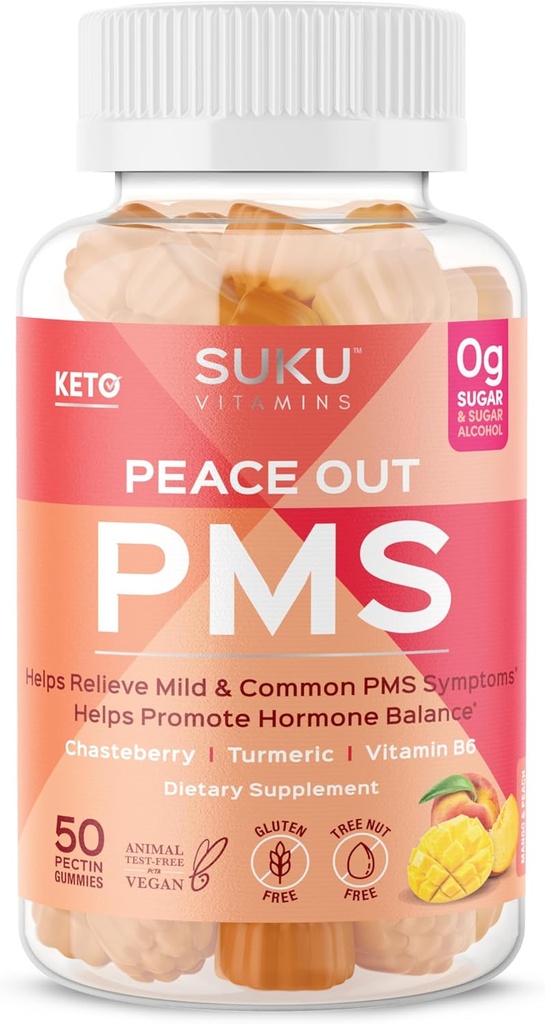 SUKU Vitaminai - PMS Gummy papildas su Chasteberry palengvinti PMS ir menopauzė Peach Mango Gummies (50 Count)
