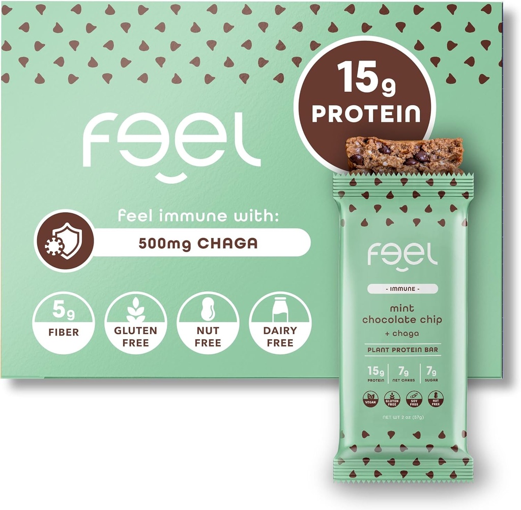 Vegan protein Bars | Mint Chocolate Chip | Keto | Gluten Free | Organik | Chaga Mushroom | 15g Plant Protein | Low Carb | Yüksek Protein | Süt Ücretsiz | Low Sugar | Ücretsiz | Nut Free | Soy Free |