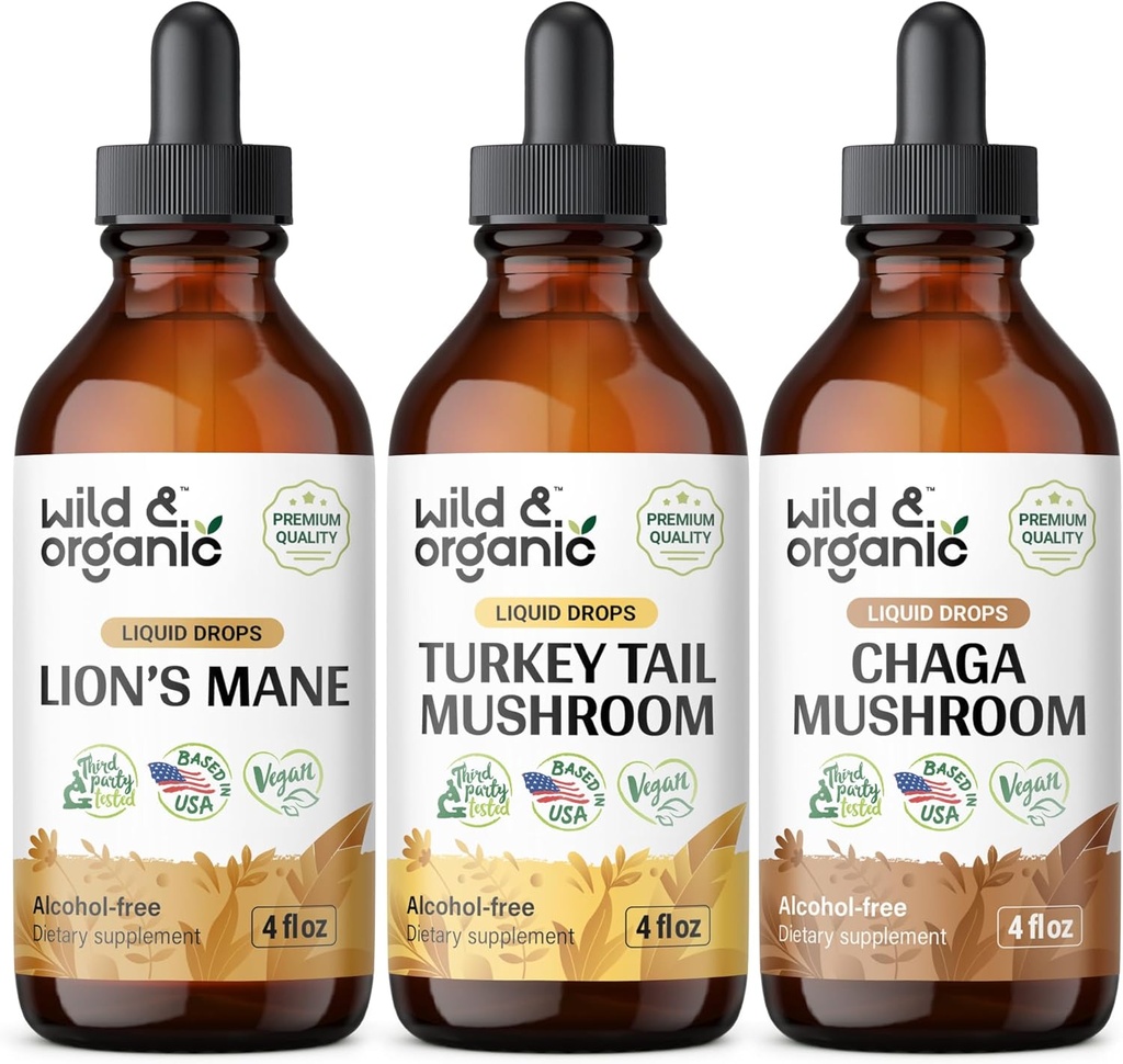 Wild " Organic Lion's Mane, Turkey Tail " Chaga Mushroom Tinctures