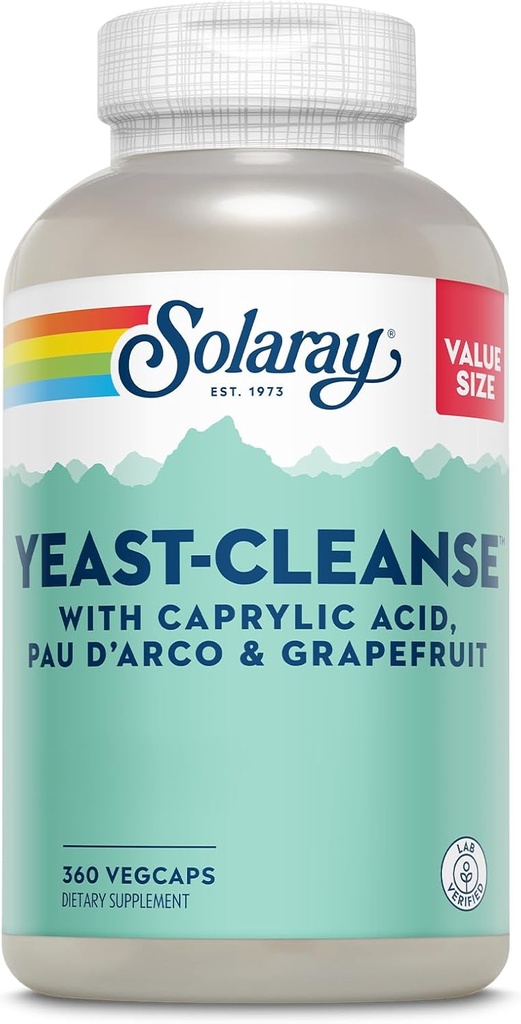 Solaray Levedura Cleanse, Apoio antioxidante com ácido caprílico, PAU d'Arco, Extrato de raiz de alcaçuz e extrato de semente de toranja, garantia de 60 dias, garantia de 60 dias, 60 Servings, 360 VegCaps