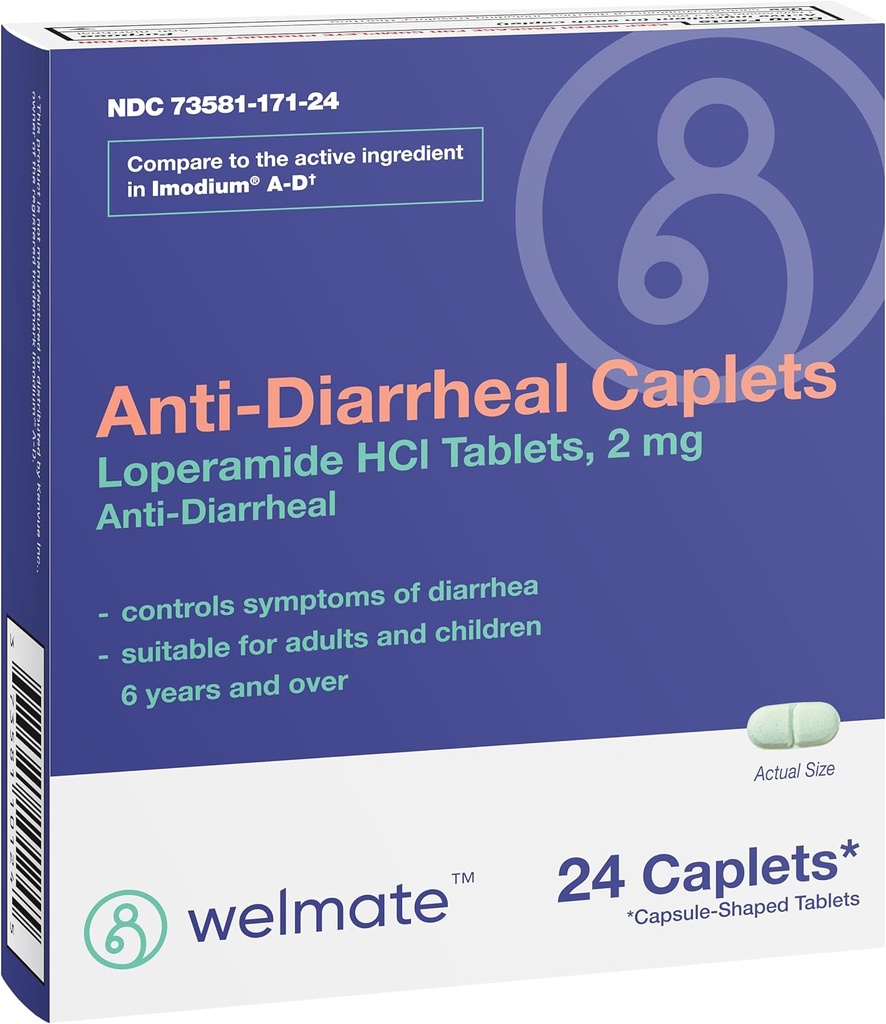 WELMATE - Anti-Diarrheal Caplets (24 Caplets) - Loperamide HCL 2 mg - Diarrhea Symptom Relief - Upset Stomach Reliever - Anti Diarrhea Pills - Over-The-Counter Medication