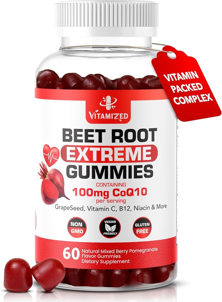 Extreme Beetroot Formel & COQ10 100mg med Grape Seed Extract, för Circulation Energy & Flow, 1500mg Beet Root Gummies Extract Gluten Free 60