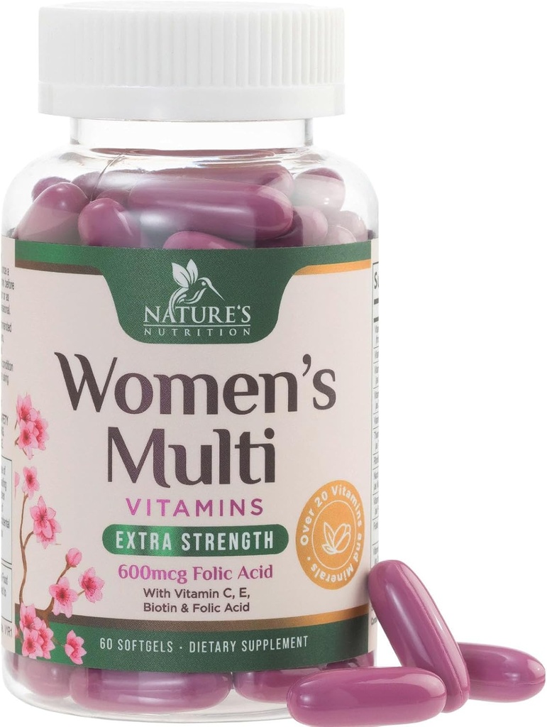 Multivitamin nőknek kalciummal, folsav, A-vitamin, C, D, E, & B Vitaminok, Cink, Vas csontért, Bőr és Immunrendszeri egészségügyi támogatás, Természet Napi Womens Multivitamin Energia - 60 Softgels