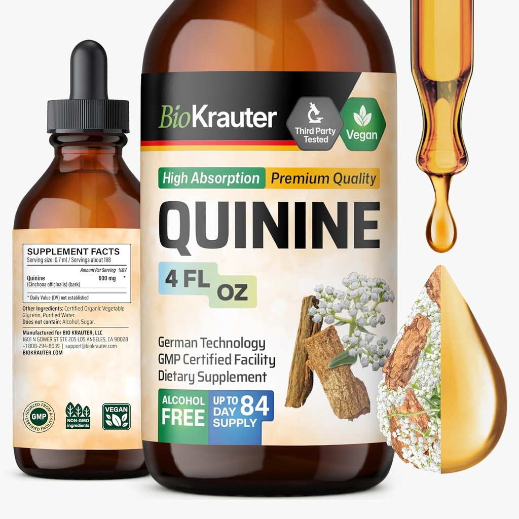 BIO KRAUTER Quinine voor beenkrampen Tinctuur - Cinchona Bark Extract - Vegan Quinine Liquid - Alcohol en Suikervrij Extract 4 Fl.Oz.