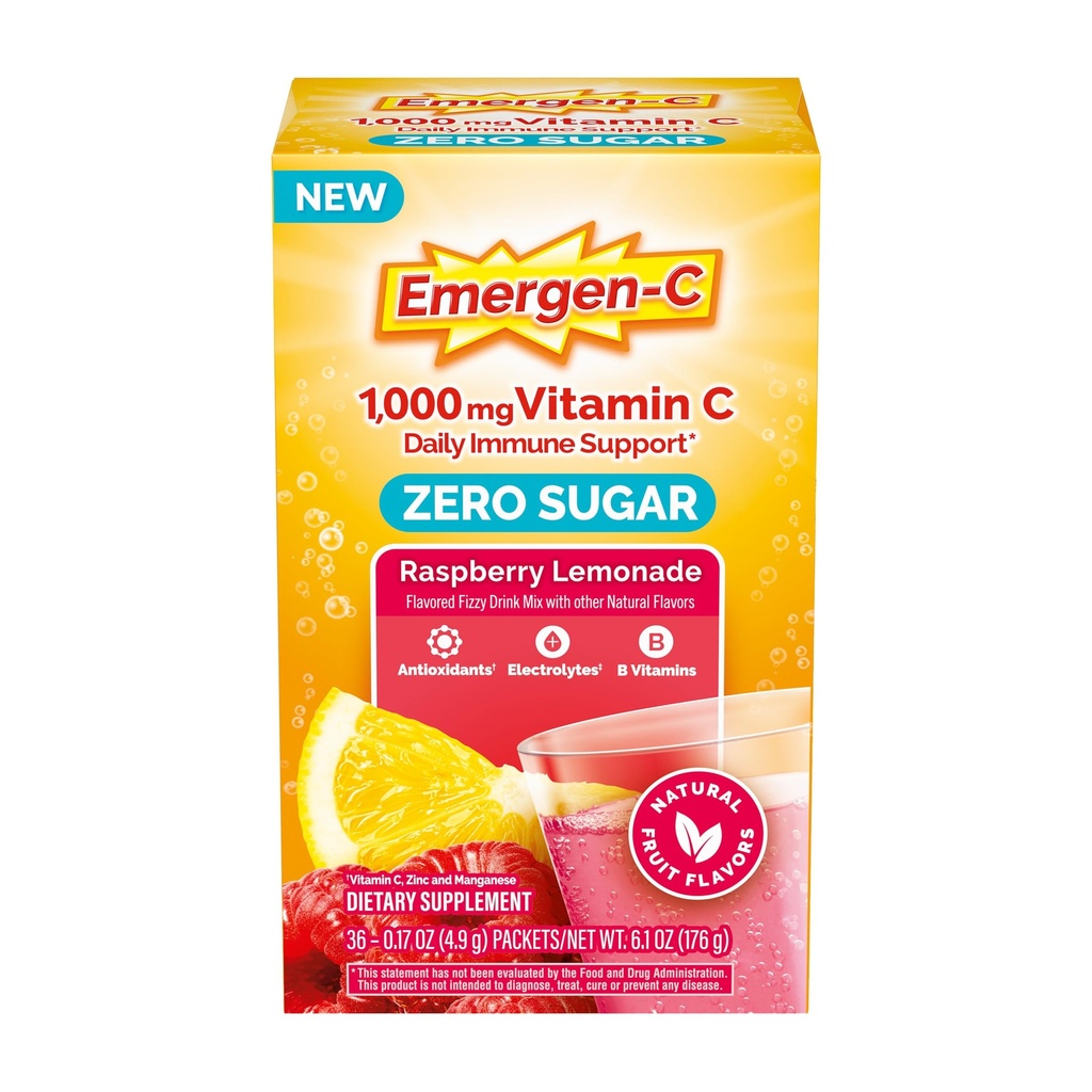 Emergen-C Zero Sugar 1000 mg Vitamin C Powder for Daily Immune Support Caffeine Free Vitamin C Supplements with Zinc and Manganese, B Vitamins and Electrolytes, Raspberry Lemonade Flavor - 36 Count