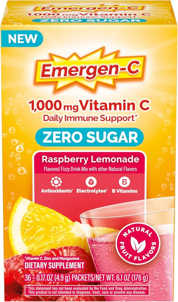 Polvere di vitamina C di Emergen-C Zero Sugar 1000 mg per il supporto quotidiano dell'immune Caffeina Integratori di vitamina C con Zinco e Manganese, Vitamine B ed Elettroliti, Raspberry Limonata Flavor - 36 Conte