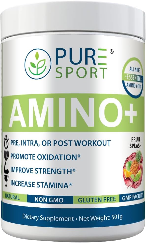 PURE Amino+ Drink Mix, Fruit Splash, 9 Aminoácidos esenciales, L-Arginina, L-Citrulline, 501g, 30 Servimientos, Premium Wellness Supplement